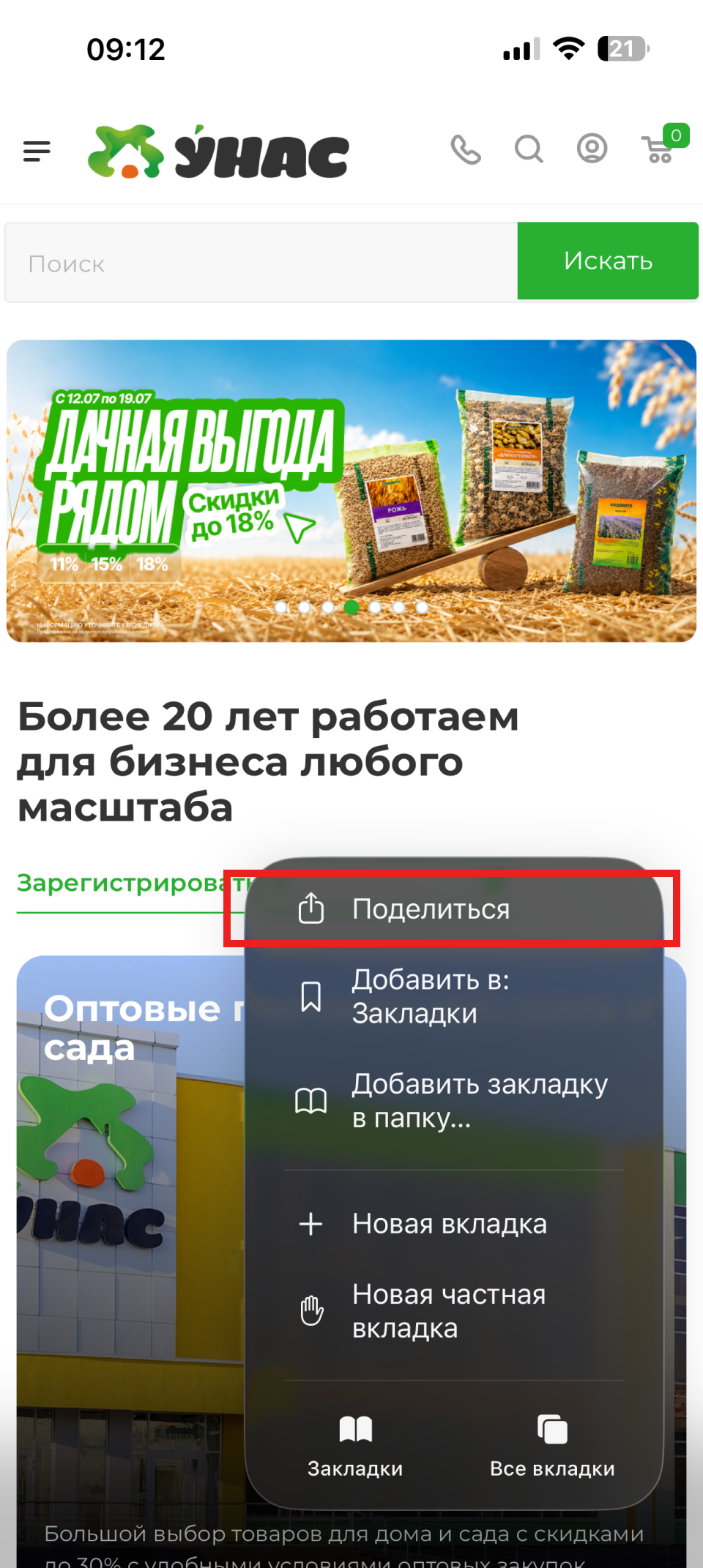 Пункт Поделиться в меню Safari на iPhone