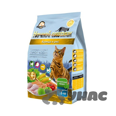Ночной охотник Корм сухой для кошек пакет 1,5 кг Курица и рис
