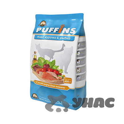 Пуффинс Корм сухой для кошек 400г Курочка и рыбка x18