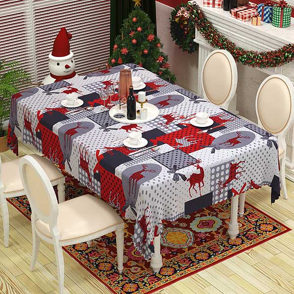 Скатерть новогодняя СК-104 150*150см бело-серая с красным рисунком Олень, бантик (120)