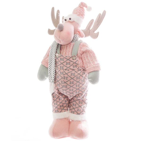 Фигура новогодняя интерьерная  Н22096С Лось 52см, розовый колпак, розовый комбинезон, розовый свитер, розовые ботинки, зеленый шарф