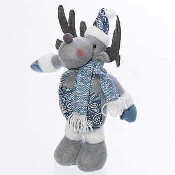 Фигура новогодняя интерьерная Н21176С Лось с телескопическими ногами 40-63см,синий, в клмбинезоне, с шарфом, в колпаке