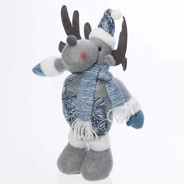 Фигура новогодняя интерьерная Н21176С Лось с телескопическими ногами 40-63см,синий, в клмбинезоне, с шарфом, в колпаке