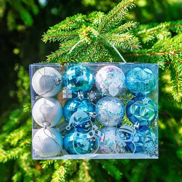 Набор елочных украшений JT25-AL097 4см 12шт Шары белый/голубой (3шт шар 4см фактурный четырехлистник, 3шт шар 4см фактурный грани, 3шт шар 4см белый с перламутровым блеском, 3шт шар 4см белый с инеем) (144)