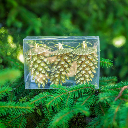 Шар 12ED3-3H-2 3шт 12см ("Шишка" золотая с блестящей каймой) (200)