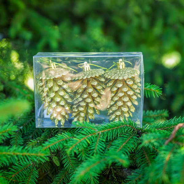 Шар 12ED3-3H-2 3шт 12см ("Шишка" золотая с блестящей каймой) (200)