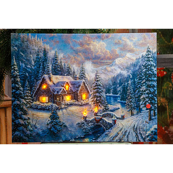 Картина новогодняя HD-9 30*40 Дом у реки со светодиодами (12)