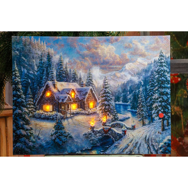 Картина новогодняя HD-9 30*40 Дом у реки со светодиодами (12)