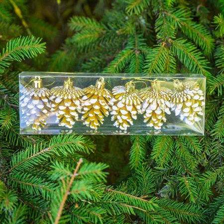 Шар 6DC6-H32-2 6шт 6см "Шишка" золото с белой каймой (360)