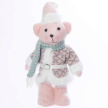 Фигура новогодняя интерьерная Н22118D Медведь-мальчик 32см, розовый колпак, зеленый шарф, розовая шуба