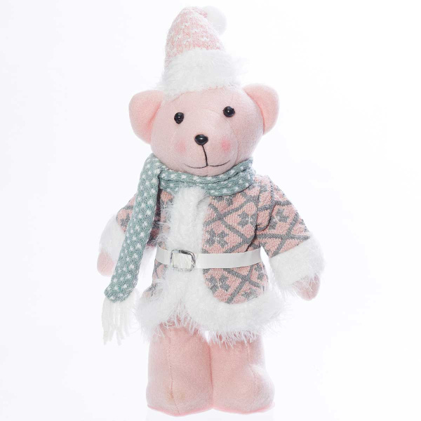 Фигура новогодняя интерьерная Н22118D Медведь-мальчик 32см, розовый колпак, зеленый шарф, розовая шуба