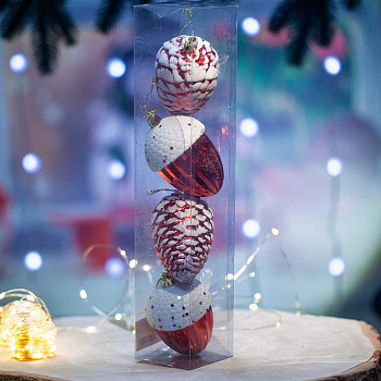 Шар 25ES04V-220 4шт 10см Шишки/Желуди красные с бел. блестками