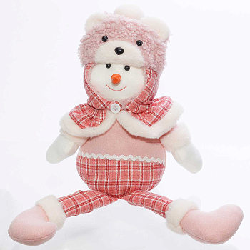 Фигура новогодняя интерьерная Н21263В Снеговик 45см в шапке "Медведь". Розовый. С длинными ногами