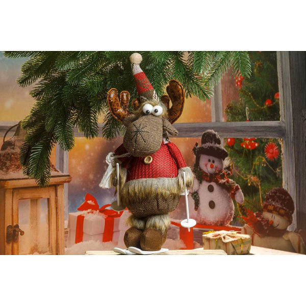 Фигура новогодняя интерьерная SYY205B Лось 35см в красном свитере, на лыжах