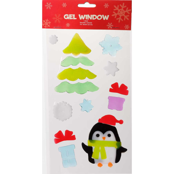 Наклейка на стекло А71 Пингвин с подарком и елкой 15*25см (12)