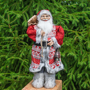 Фигура новогодняя LC252324 Дед Мороз 60 см с фонарем, в красной вязаной шубе с рисунком (12)