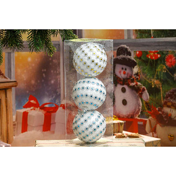 Шар JL18-2160 3шт 8см белые с тесьмой-стразами (128)