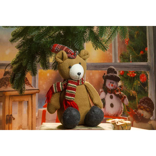 Фигура новогодняя интерьерная DLL105A Медведь 35см коричневый в шарфе, в шляпе, сидячий