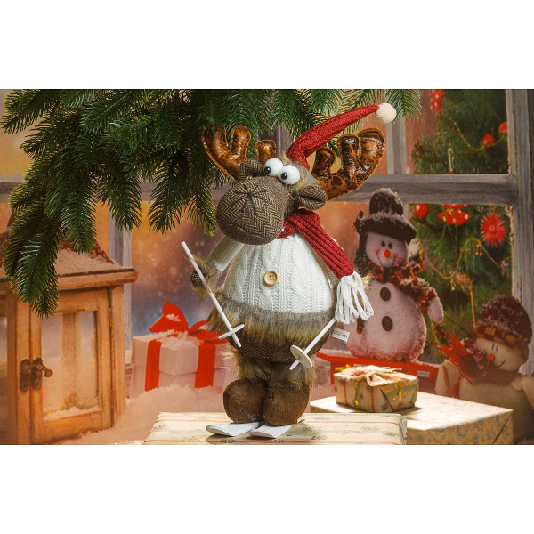 Фигура новогодняя интерьерная SYY205A Лось 40см в белом свитере, на лыжах