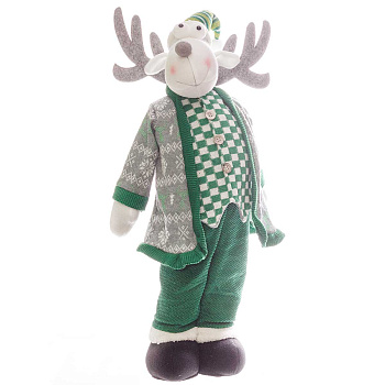 Фигура новогодняя интерьерная H22210C Лось-интеллигент 80см. зеленый, в вязаном кафтане, в вязаной жилетке,  колпачке с меховой отделкой, в вязаных штанах, в черных ботинках