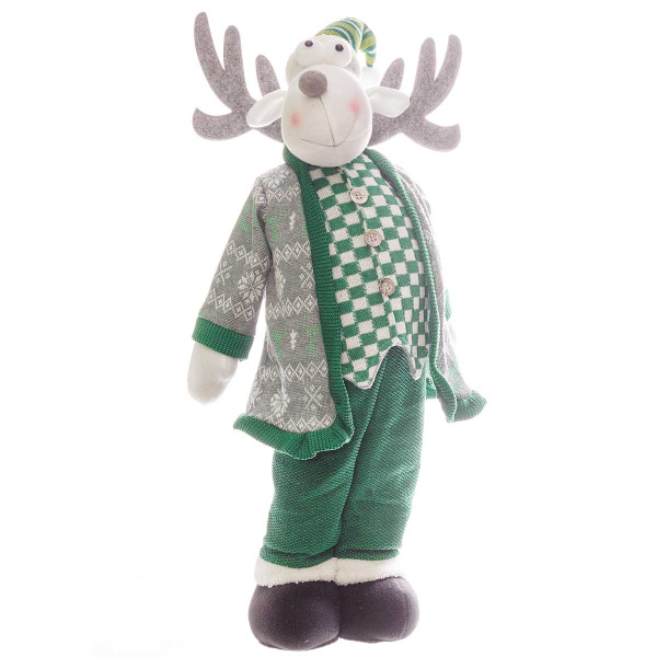 Фигура новогодняя интерьерная H22210C Лось-интеллигент 80см. зеленый, в вязаном кафтане, в вязаной жилетке,  колпачке с меховой отделкой, в вязаных штанах, в черных ботинках