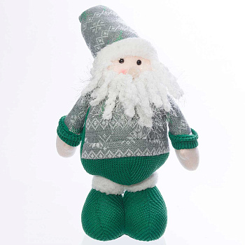 Фигура новогодняя интерьерная Н22212А Дед Мороз с телескопическими ногами 45-65см, зеленый,  в свитере и колпаке со скандинавскими узорами, с меховой отделкой, в вязаных башмаках