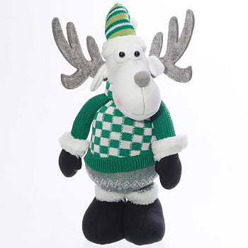 Фигура новогодняя интерьерная Н22212С Лось с телескопическими ногами 45-65см, Зеленый вязанный свитер, зеленый колпак, с меховой отделкой