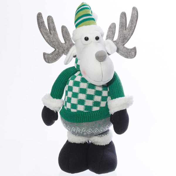 Фигура новогодняя интерьерная Н22212С Лось с телескопическими ногами 45-65см, Зеленый вязанный свитер, зеленый колпак, с меховой отделкой