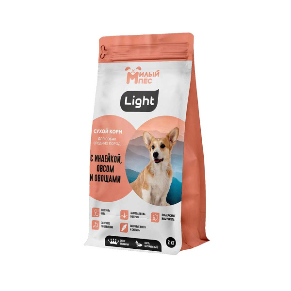 "Милый пес" сухой корм премиум для средних пород собак 2кг Индейка/овес/овощих5