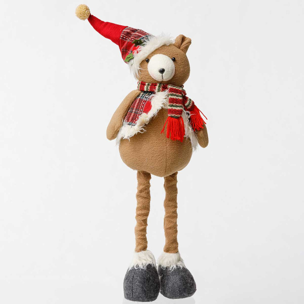 Фигура новогодняя DLL104B интерьерная Медведь 52-77см с телескопическими ногами, в красно-зеленом колпаке и шарфе