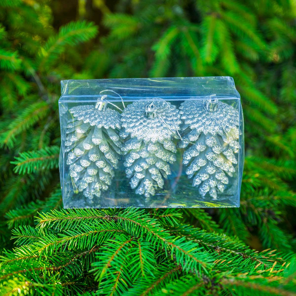 Шар 12ED3-3H-3 3шт 12см ("Шишка" серебряная с блестящей каймой) (200)