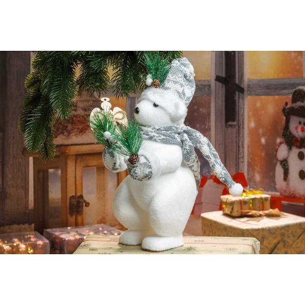 Фигурка новогодняя интерьерная Медведь белый 30см в рукавичках и шапке 90714(64)