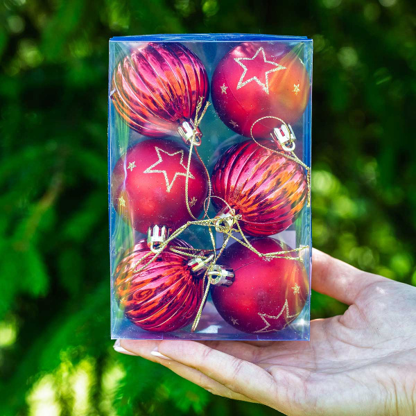 Набор елочных украшений JT25-HGS330 5см 6шт Шары красный (3шт дольки, 3шт с рисунком звезды) (240)