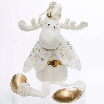 Фигура новогодняя интерьерная SX-E2232 Лось 90см с длинными ногами, белый, в шубке, с шарфом, в колпаке