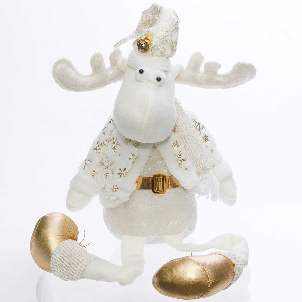 Фигура новогодняя интерьерная SX-E2232 Лось 90см с длинными ногами, белый, в шубке, с шарфом, в колпаке