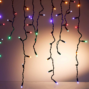 Гирлянда д/улицы дождь LLB-02-6 100л, 3метра длина нити 0,3/0,5/0,7м ЦВЕТНОЙ. последняя лампочка мигает холодным белым. черный провод