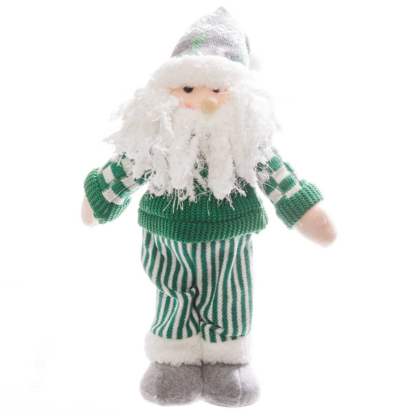 Фигура новогодняя интерьерная Н22213А Дед Мороз 35см зеленый, в свитере, колпаке, зеленых полосатых штанах