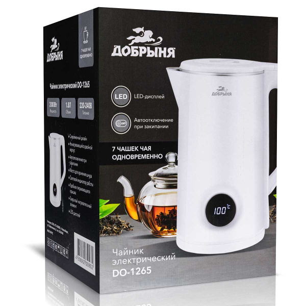 Эл. чайник Добрыня 1,8л 2000Вт пласт. белый DO-1265 с LED дисплеем х12