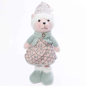 Фигура новогодняя интерьерная Н22118С Медведь-девочка 35см, розовый колпак, розовое платье, зеленая кофта с шарфом, зеленые ботинки