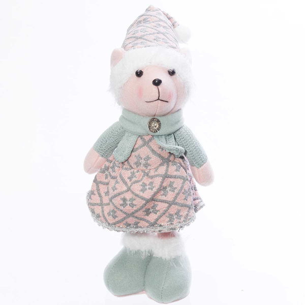 Фигура новогодняя интерьерная Н22118С Медведь-девочка 35см, розовый колпак, розовое платье, зеленая кофта с шарфом, зеленые ботинки