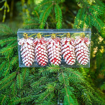 Шар 9DC5-H32B-1 5шт 9см "Шишка" красная с белой каймой (288)