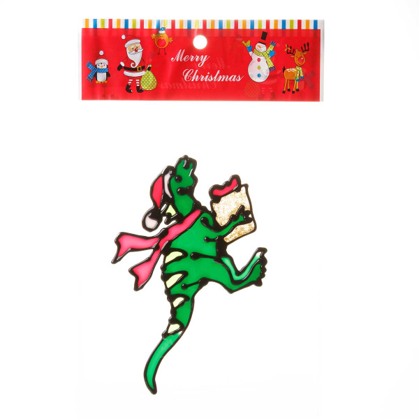 Наклейка на стекло А82 Дракон в красном колпаке и подарком 15*20см (12)