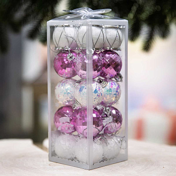 Набор елочных украшений JT25-AL067 4см 20шт Шары (4шт белые с сереб.блестками, 8шт розовые грани, 4шт белые с перламутровым, 4шт белый барабанчик) (120)