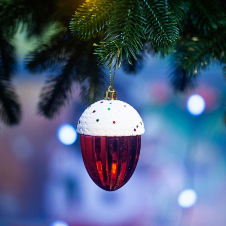 Шар 25ES04V-220 4шт 10см Шишки/Желуди красные с бел. блестками