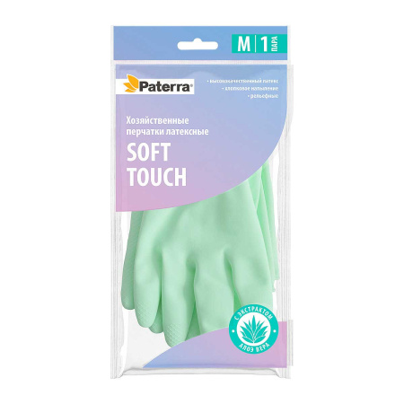 Перчатки хоз., латекс, SOFT TOUCH, экстракт алоэ, хлопк. напыление, р-р .M, PATERRA /24