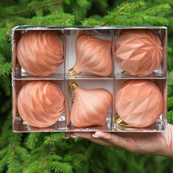 Набор елочных украшений LN19-7 8 см 6 шт Шары Бархат персиковый