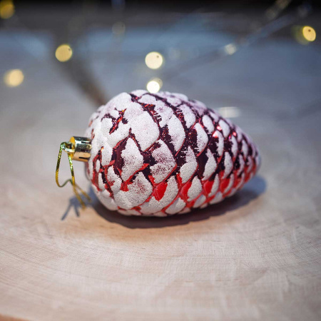 Шар 25ES04V-220 4шт 10см Шишки/Желуди красные с бел. блестками