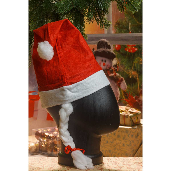 Колпак новогодний LRM-2 26*32см флис красный с косами (цена за 12шт) х35