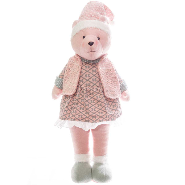 Фигура новогодняя интерьерная Н22118В Медведь-девочка 65см. розовый колпак, розовое платье. розовая жилетка, зеленые ботинки