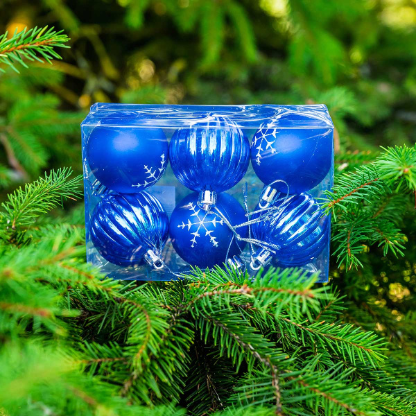 Набор елочных украшений JT25-HGS328 5см 6шт Шары синий (3шт с рисунком снежинка, 3шт фактурные долька) (240)